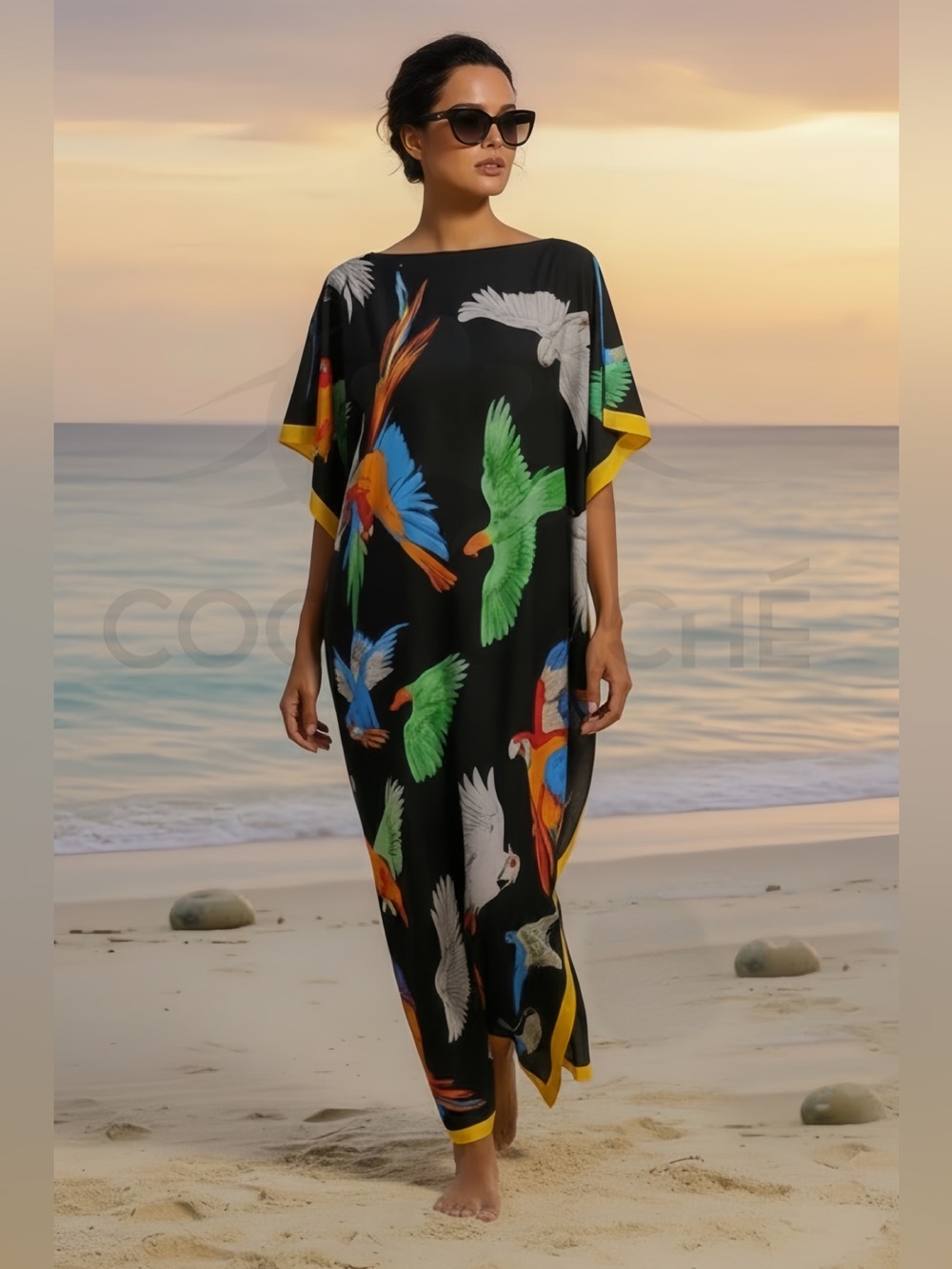 Bohemian Colorful Parrot Print Tunic Kaftan Maxi Dress